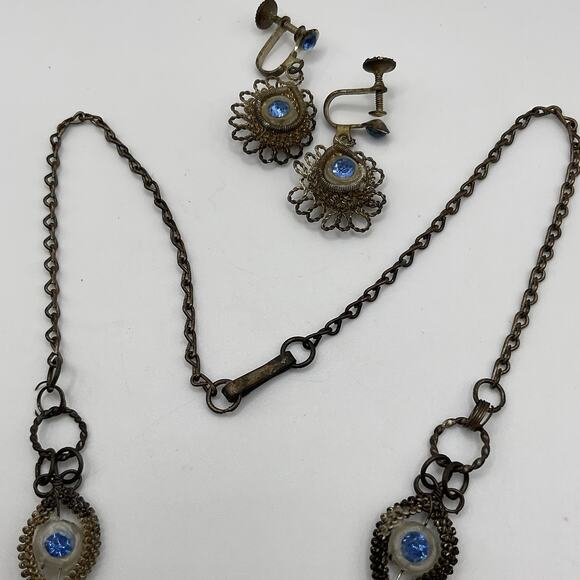 Vintage Wirework Necklace & Earrings Set Blue Glass Cabochons 17” w/ 2” Drop - Picture 12 of 12